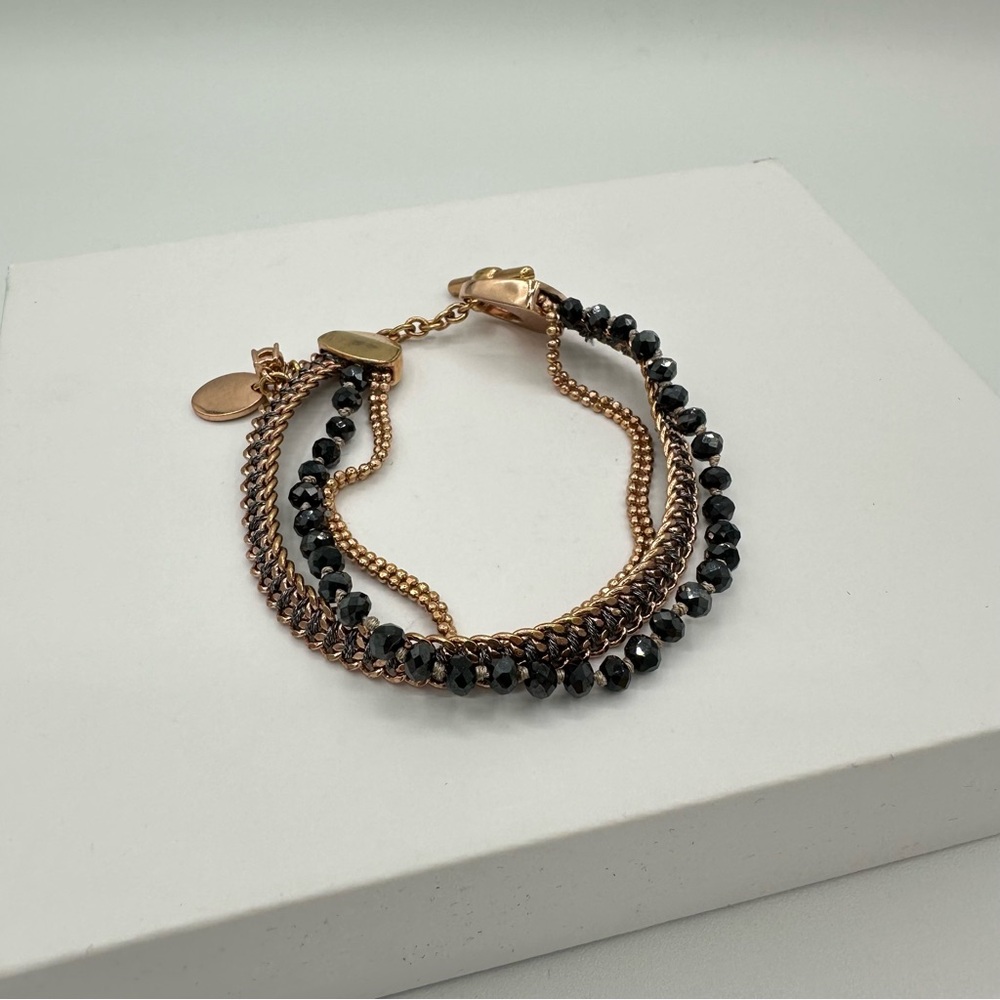 Henri Bendel 3 Row Strand Beaded Chain Bracelet Rose Gold Gunmetal Beads